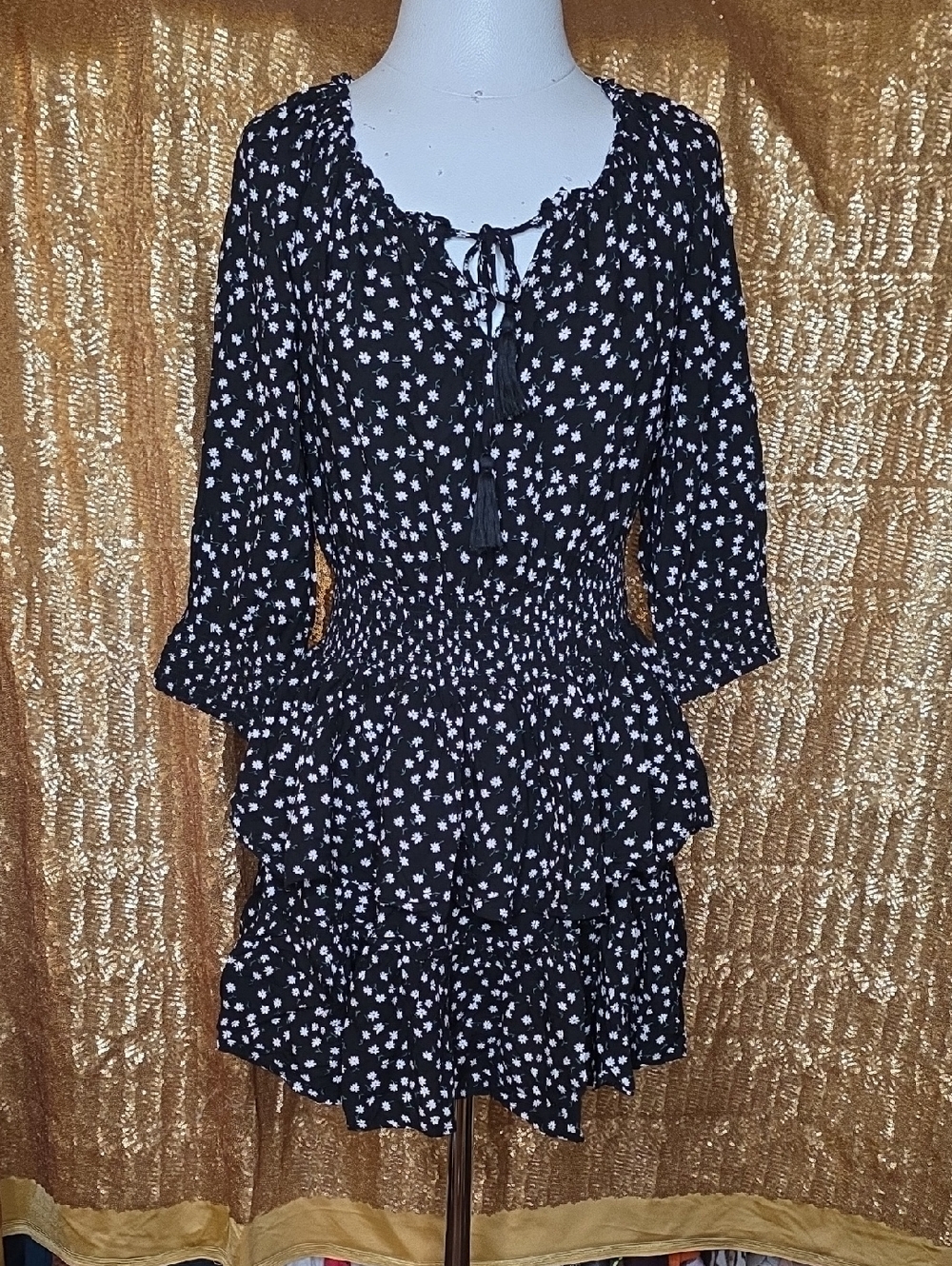Patrons of Peace Black Mini Dress with White Floral Print